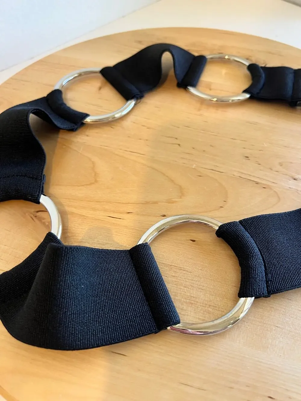 Y2K Black Wide Elastic Stretchy Silver Round Chunky Hook Belt Size Large